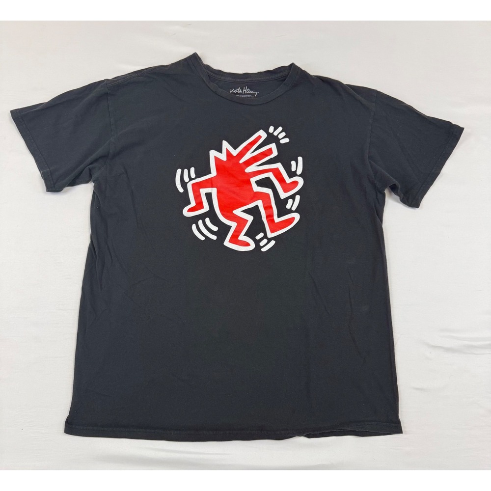 Keith Haring Red Dancing Man Graphic T-Shirt Mens XL Black Short Sleeve Cotton